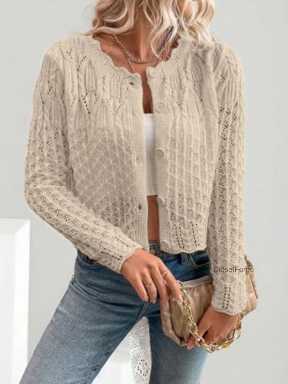 Women's Cropped Cardigan Sweater Long Sleeve Button Front Knit Top - Picture 3 of 5